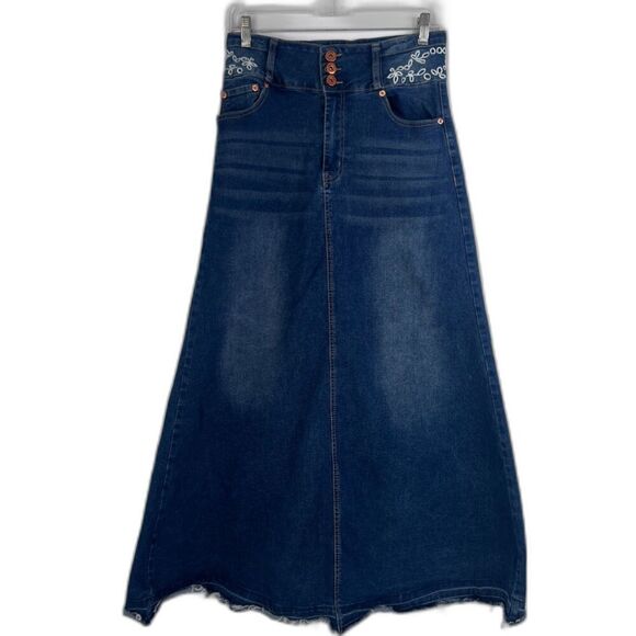 Fashion Denim Homme Maxi Jean Skirt Embroidered Waistband Aline Size Large - Picture 1 of 11